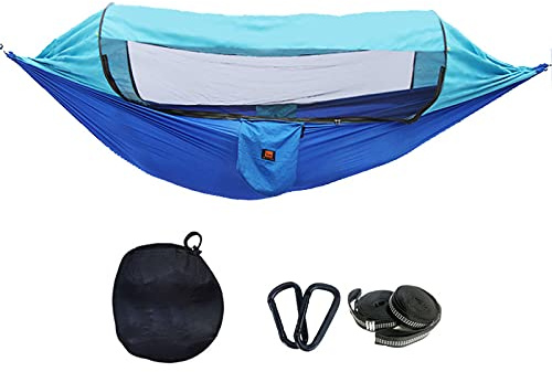 Hamaca ligera y portátil para acampar con mosquitera, protección solar, alta capacidad de carga, diseño fácil de desplegar, ideal para aventuras al aire libre y relajación en el patio trasero (azul)