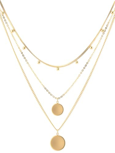 THIORA Damen Halskette aus Edelstahl - 'Capri Coin' mehrreihiges Kettenset im Layering-Look, Plättchen & Kugelkette, wasserfest & hypoallergen (Gold)