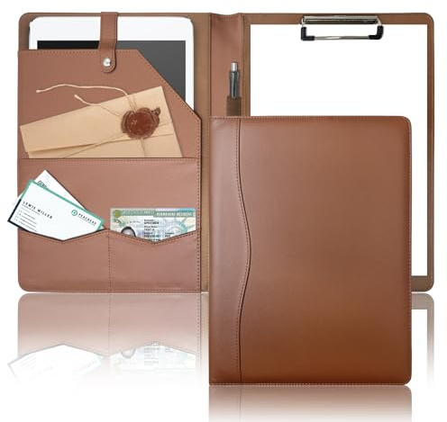 Padfolio Portfolio Binder, Leder Klemmbrettmappe Aktentasche Loseblatt Ordner mit Einband Braun Ordner mit Taschen Lebenslaufmappe für Business Büro Meeting Männer Frauen Business (Braun, A4)