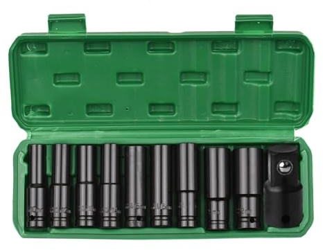 1 2 Inch Drive Hex Impact Socket Set 10 Piece Deep Socket Metric Sizes 10 22mm and 3 8 Inch Adapter CR V Material with Hard Storage Box for Impact Tools (Black)