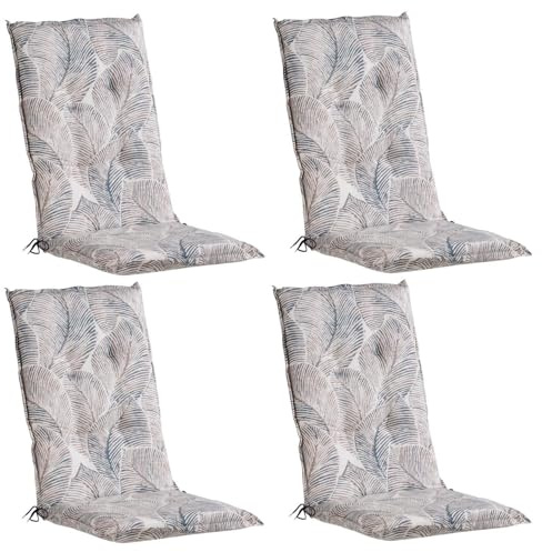 Home4You 4er Set Hochlehner-Stuhlauflagen Taupe – Gartenstuhlauflage 120 x 50 x 7 cm – Blättermotiv Anthrazit – Polyester Baumwolle Gewebe – Gurtband & Kreissteppung – Gefertigt in Deutschland