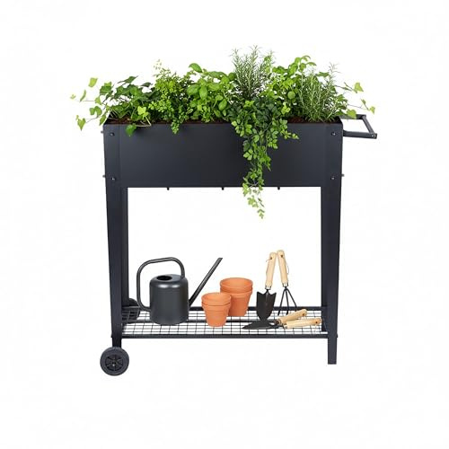 Relaxdays Jardinera elevada con Estante y Ruedas, para jardín, balcón y terraza, 80 x 85 x 50 cm, Negro