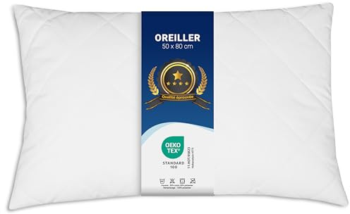 ZOLLNER Almohada cómoda - 50 x 80 cm - con cremallera - Relleno de fibras sintéticas ajustable individualmente - Lavable hasta 95 °C - Funda de mezcla de algodón - Calidad de hotel