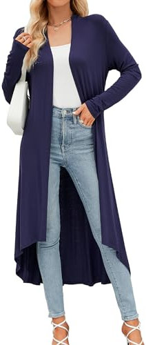 Cardigan da donna casual lungo aperto sul davanti drappo leggero spolverino alto orlo basso maxi manica lunga cardigan (S-3XL), Blu navy, 16-18