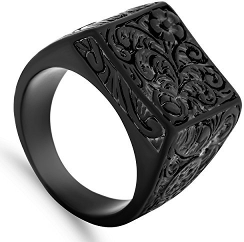 Akitsune Floris Ring | Bague Design Femmes Hommes Acier Inoxydable Grand Sceau Floral ornemental - Noir Mat - US 11