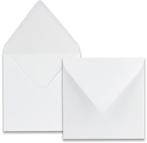 100 Quadratische Umschläge - Farbe: Weiß - Format: 16,5 x 16,5 cm - Grammatur: 120 Gramm pro m² - Nassklebung mit spitzer Klappe