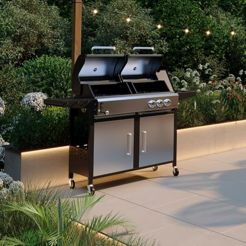 CHARLES BENTLEY Dual Fuel 2+1 Burner Gas Grill & Charcoal Grill BBQ With Thermometer, Fire Box, Control Panel, Charcoal Tray, Warming Rack, Garden, Outdoors, Large, Family, Al Fresco (147.5x110cm)
