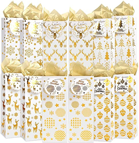 LOKIPA Christmas Wine Gift Bags,12 Pack Gold Foil Paper Wine Bottle Bags with Tissue Paper and Name Tags for Christmas, Wedding,Wine Tasting,Home Party