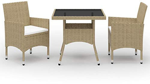 Gecheer 3-TLG. Garten Essgruppe Sitzgruppe Gartenmöbel Set Polyrattan Balkonset Terrassenmöbel Sitzgarnitur Gartengarnitur Lounge-Set aus Esstisch mit Hartglas-Tischplatte und 2 Sessel Beige