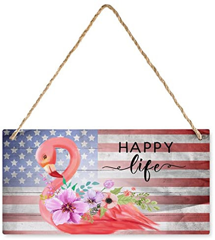 Holzschild mit Flamingo-Motiv Happy Life, Vintage-Wandkunst, amerikanischer patriotischer Gedenktag, Veranda, Schlafzimmer, Dekoration, personalisiertes Schild, Geschenk, 12,7 x 25,4 cm