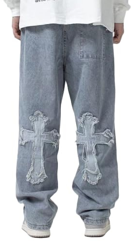 ORANDESIGNE Jean Hip Hop Homme Coupe Droite Vintage Denim Pantalons à Imprimé Étoiles Baggy Lâche Fit Jambe Droite Pantalon Rétro Y2K Streetwear Unisexe