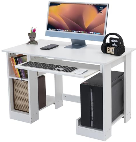 Computer Desk, Small Office Desk and Workstations Home Office Desk Study Gaming Table with Sliding Keyboard Desks for Bedroom office furniture, White 100L x 50D x 75H cm