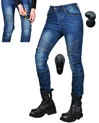 Women's Motorcycle Riding Protective Pants with CE Armor Pads Retro Street Motorbike Motocross Racing Jeans Blue S