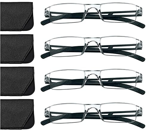 Hubeye 4er-Pack Rahmenlose Lesebrille schwarze Leicht und Bequem Anti Blaulicht Lesehilfe für Damen Herren mit Brillenholster 1.50