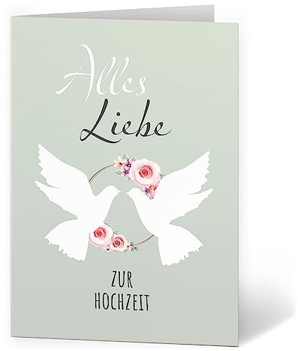 XXL Glückwunschkarte (A4) | zur Hochzeit | mit Umschlag | 2 Tauben Grün edel | edle und hochwertige Klappkarte | Große Design Karte zum Verschenken | Maxi Karte Überformat