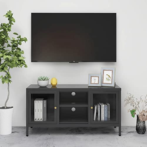 ZQQLVOO Entertainment Center Stand Unit Home Entertainment Center im Wohnzimmer Schlafzimmer TV-Schrank Anthrazit 105x35x52 cm Stahl und Glas Geeignet für Wohnzimmer Schlafzimmer