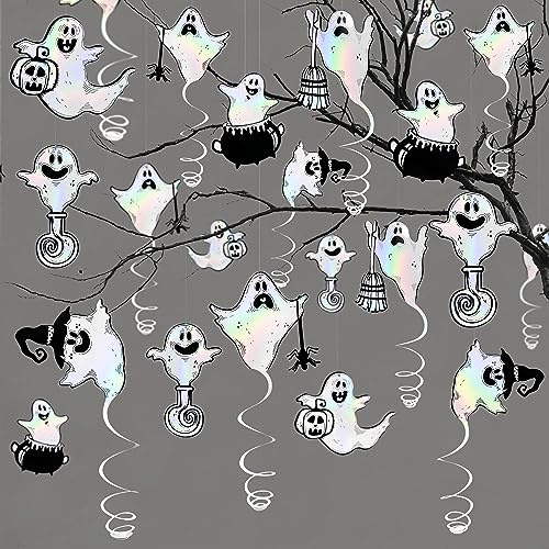 Halloween-Partydekorationen Weiße Schillernde Geisterwirbel Luftschlangen Hexen Kürbisse Spinnen Gruselige Geister zum Aufhängen Papierwirbel Girlande für Halloween Geburtstag Junggesellenabschied