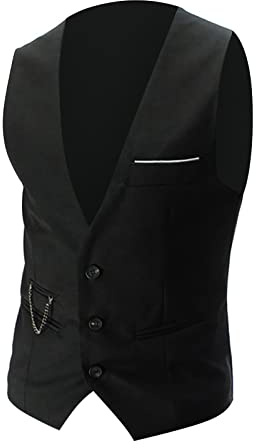 UnoSheng Chaleco de Traje Negro Para Hombre Con Cuello en V, Botones, Ajuste Ajustado, Bolsillo en el Pecho, Sin Mangas, Moda Informal y de Trabajo