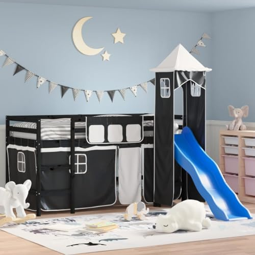 vidaXL Kinderhochbett, Hochbett mit Turm Rutsche, Spielbett Bett für Kinder ab 6 Jahren, Kinderbett Etagenbett Stockbett, Weiß Schwarz 80x200cm Kiefernholz