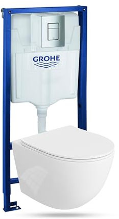 Lavita Vorwandelement Solido + Wand Hänge WC Sinto Weiß Spülrandlos + WC Sitz mit Absenkautomatik Verchromter Knopf Komplettset Unterputz Spülkasten Toilette Komplett Sett WC