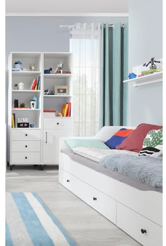 Lomadox Jugendzimmer Set modern weiß mit Glanz Bett Liegefläche 90x200cm Bettschubladen Wandregal Bücherregal Schrank
