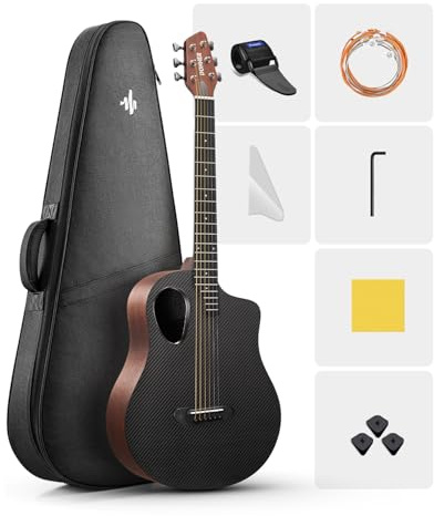 Donner 38 Carbon X Wood Acoustic Guitar Beginner & Intermediate Learner Kits - Carbon Fiber Top, Wooden Body, Durable Solid Guitar with Case, Strap, Steel-String, RISING-G1 (Satin, Brown)