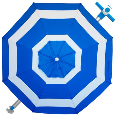 Pincho Sombrilla Playa Grande Ø240 cm, antiviento hasta 35km/h, protección UV 50, Materiales de Calidad, Tubo de Aluminio, 8 Varillas de Fibra de Vidrio (Azul y Blanco 45)