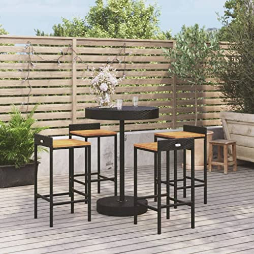NQJIBUE Gartenmöbel-Set, 5-teilig, Polyrattan und Massivholz, Akazienholz, Gartenmöbel-Set, Schwarz