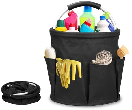 mumisuto Panier De Nettoyage Avec PoignéE,Organiseur De Nettoyage Multi-Poches En Tissu Oxford,Rangement Produits Menagers Pliable,Sac De Nettoyage Panier Menage ImperméAble (Noir)