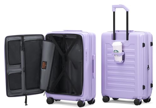 ROAMING 20 Inch Carry On Luggage Expandable Front Opening Rolling Vacation Suitcase with Spinner Wheels and TSA Lock Cup Holder PC Hard Shell Travel Trolley Case for Shout Business Trips purple