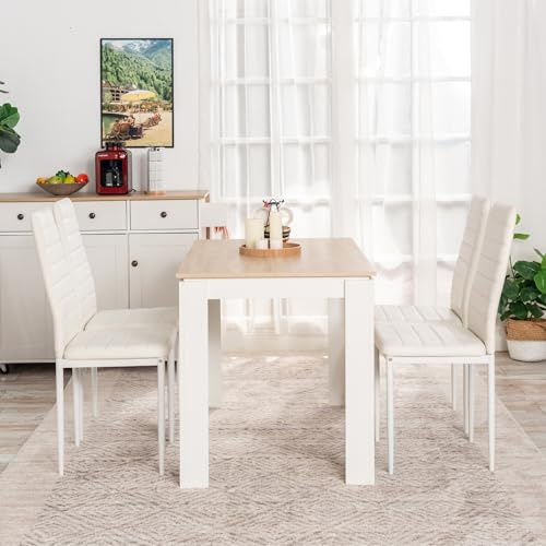 FURNITABLE Esstisch mit 4 Stühlen Esszimmergruppe, Essgruppe mit Hochlehner Kunstleder Stuhl für 4 Personen, Sitzgruppe für Küche Wohnzimmer(120cm Eiche-Weiß Tischbein Tisch+4 Weiß Stühle)