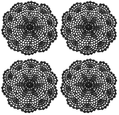 sourcing map Spitzendeckchen, 4 Stück, 20,3 cm, Baumwolle, gewebt, rund, gehäkelt, Untersetzer, Blumendesign, Stoff, handgefertigt, Platzset für Getränke, Hochzeit, Party, Dekoration (schwarz)