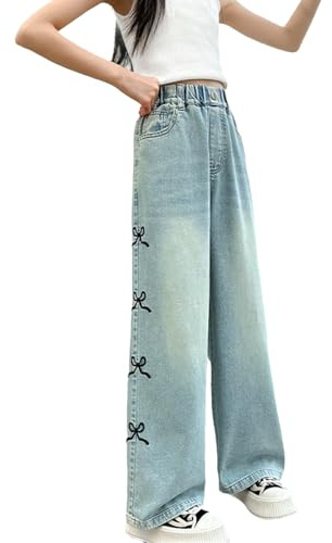 Jeans larghi per ragazze Jeans con stampa a fiocco per bambini Modello carino Azzurro Vita elasticizzata Adolescenti Denim Pantaloni Cargo Gamba Larga Ragazza Hip Hop Pantaloni Vintage Casual