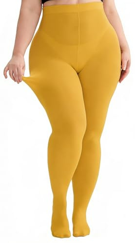 Hiltzo Strumpbyxor dam plus storlek 80D elastiska täckstrumpor för storlek XL, XXL, 3XL, 4XL medium transparens med 10 färger för kontor, vardag och speciella tillfällen, gurkmeja, XXL stor