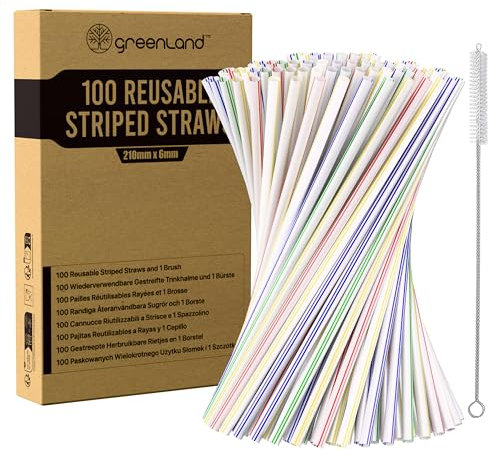 Greenland – 100 Pailles Réutilisables Rayées avec Brosse – 21 cm de long, 6 mm de diamètre – Idéales pour les cocktails, le lait, les jus et le thé