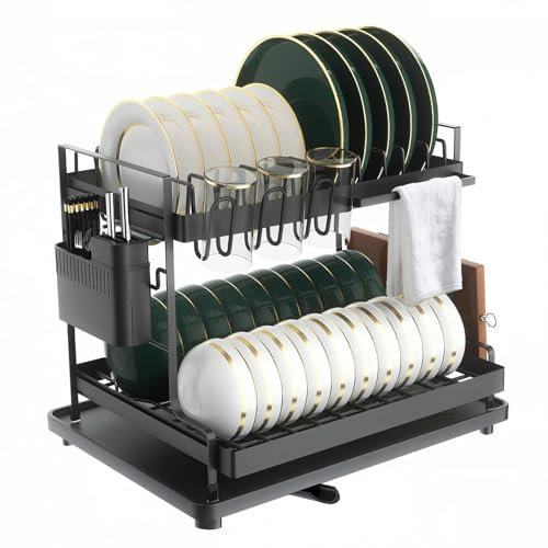 Tel Charme * 2 Tier Dish Drainer Rack for Kitchen,Dish Drying Rack with Drip Tray and Drainer Mat, Dish Draining Shelf with 360° Swivel Spout, Utensil Holder, Cup Rack, for Counter Space Saving
