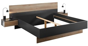 möbelando Bettanlage >Aska< Modernes Bett mit 2 Nachtkommoden, Stauraum, 180x200 cm Liegefläche, Graphit und Mauvella Eiche Dekor, Pflegeleichte Oberfläche, zerlegt geliefert, 285x95x205 (BxHxT)