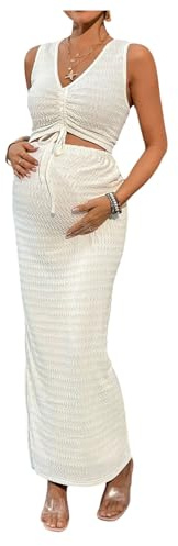 Milumia Women's Maternity 2 Piece Outfits Textured Drawstring Tie Knot Tank Top Bodycon Maxi Skirt Sets Apricot Medium