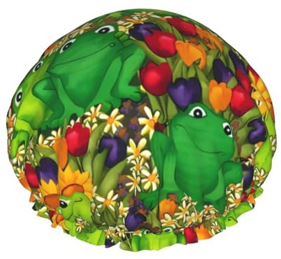Duschhaube mit Cartoon-Frosch-Druck, doppellagig, atmungsaktiv, verstellbares Gummiband, langlebig, für Hotels und Reisen