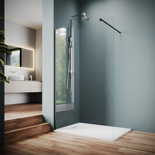 SUNXURY Walk In Doccia 100 x 200 cm Walk In Doccia con Piatto Doccia Bianco SMC Telaio Nero Cabina Doccia Box Doccia in Vetro NANO 10 mm con asta di stabilizzazione