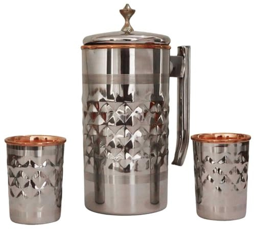 Pichet à eau en acier inoxydable et cuivre pur avec 2 gobelets assortis pour les bienfaits de la santé ayurveda (motif diamant)