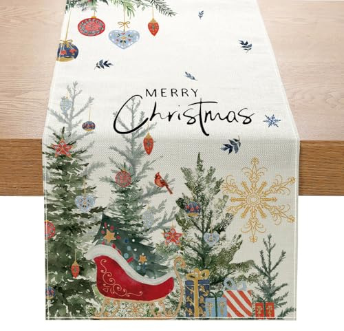Christmas Table Runner Trees Snowflakes, 230 x 33 CM White Linen Christmas Table Runners with Christmas Tree Snowflakes Pattern, Christmas Dining Table Runner for Winter Holiday Christmas Decorations