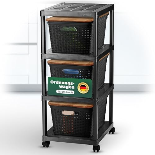 Novaliv Rollwagen 4 Etagen mit 3x Rattankorb Schwarz & Holz-Deckel, Badezimmer-Regal Badregal Bad Küche Ordnungswagen Beistellwagen Allzweckwagen Putzwagen Ordnungswagen Aufbewahrung Organizer