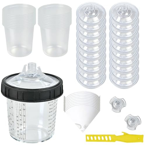 WEFHEF Kit de Taza de Mezcla de Pintura 600ML, Incluye Vaso Medidor para Pistola de Pintura HVLP+20 Tazas internas, 20 Tapas, 1 Anillo de Soporte, 2 Boquillas, 10 Filtros, 1 Paleta para Pistola