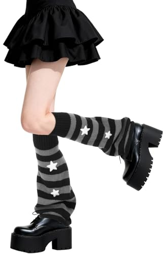 CIATBYYJ Y2K Japanische Lolita Beinstulpen,Gestrickte Beinwärmer für Damen,Lose Winter Leg Warmers,Grau-Schwarze Streifen Winter Stulpen,für Geburtstag, Halloween, Party oder als Geschenk