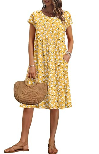 AUSELILY Women's Summer Short Sleeve Knee-Length Dresses with Pockets | Round Neck, Cap Sleeves, Oversize Shift A-line Loose-fit Dress