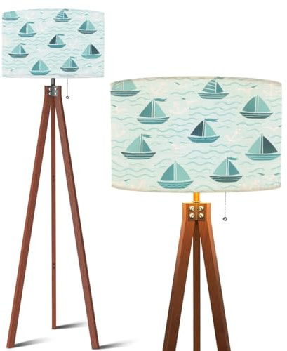 Wood Tripod Floor Lamp Childrens seamless ships sailboats anchors other elements theme travel Mid Century Standing Lamp Linen Shade Dimmable Modern Tall lamp Home Decor for Living Room Bedroom Office