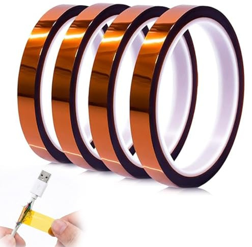 4 rollos de cinta Kapton de 12 mm x 33 m, resistente al calor, cinta térmica para sublimación, cinta térmica de alta temperatura sin residuos, cinta aislante autoadhesiva para electrónica, placa de