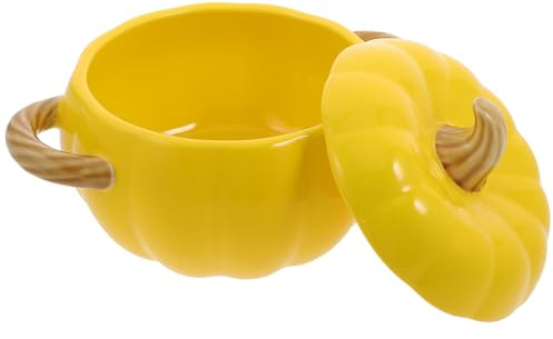 NOLITOY Tazón de Cerámica en Forma de Calabaza con Tapa y Doble Asa, Capacidad Grande para Estofado de Calabaza y Sopa, Color Amarillo, Apto para Lavavajillas y Servir Alimentos en Casa