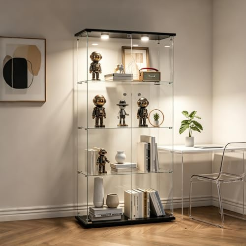 BPKADHY glasvitrinskåp, stående vitrinskåp, glas med LED-belysning, vitrinskåp med glas och 2 dörrar 4 våningar samlarvitrinskåp för samlarobjekt, böcker, modeller, leksaker (svart + LED)